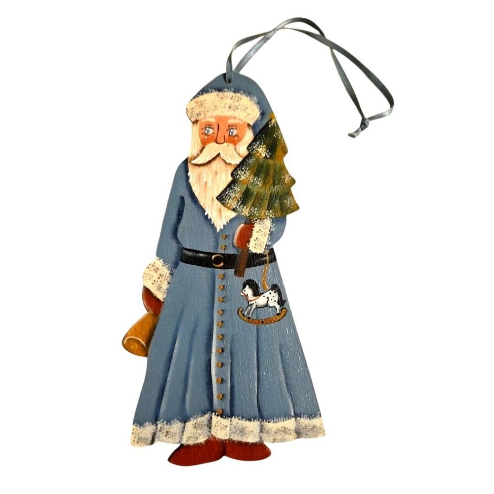 Blue Fr Christmas Ornament Santa Claus Tree Hand Painted Wooden Signed Vtg 1985